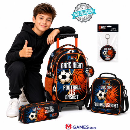 Cartable a Roulette scolaire Must mêlant football et basket-ball.3pcs
