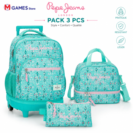 Cartable a Roulette scolaire 3 pièces  Pepe Jeans collection Sun en coloris turquesa