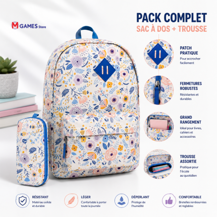 Sac à dos fleuri pastel avec trousse assortie